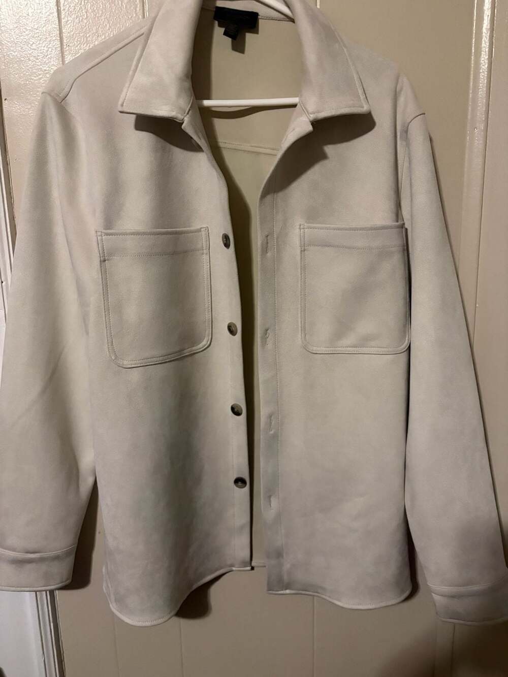 Magaschoni Man Cream Faux Suede Leather Button-Up Shacket Size Small